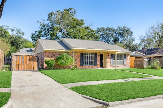 ranch-style house featuring a front yard, a gate, brick siding, and fence