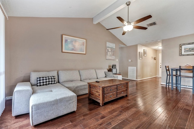 living area with visible vents, vaulted ceiling with beams, baseboards, and wood finished floors