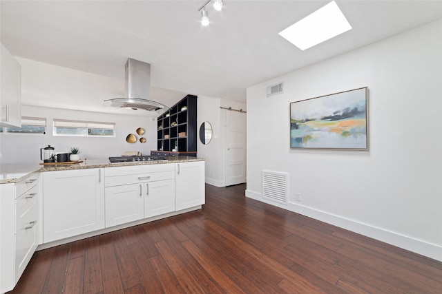 kitchen with a barn door, stainless steel gas stovetop, visible vents, and island range hood