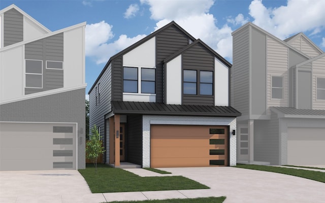 modern home with metal roof, an attached garage, brick siding, driveway, and a standing seam roof