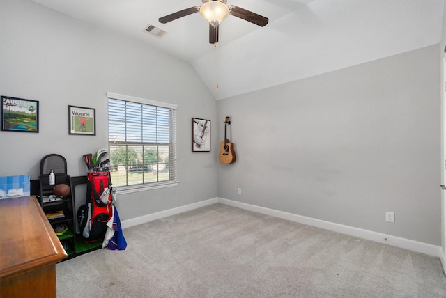 office area with baseboards, visible vents, vaulted ceiling, and carpet flooring