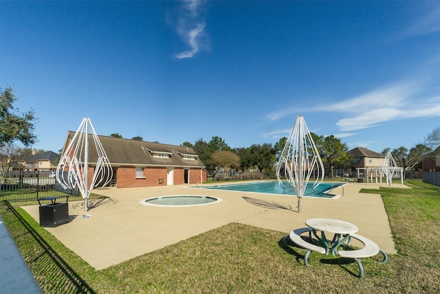 community pool with central air condition unit, a patio area, fence, and a lawn