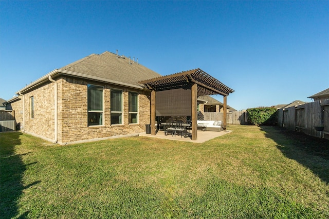 back of property featuring a yard, a patio area, a fenced backyard, and a pergola