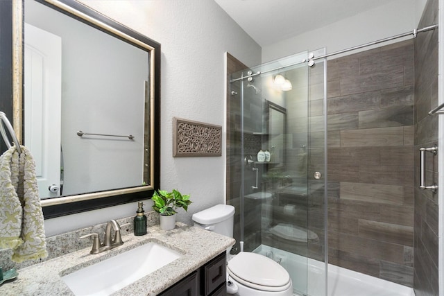 bathroom with toilet, a textured wall, a shower stall, and vanity