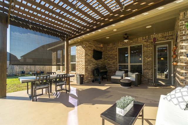 view of patio featuring a ceiling fan, outdoor dining area, grilling area, and a pergola