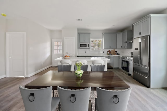 kitchen with appliances with stainless steel finishes, range hood, light countertops, and gray cabinetry