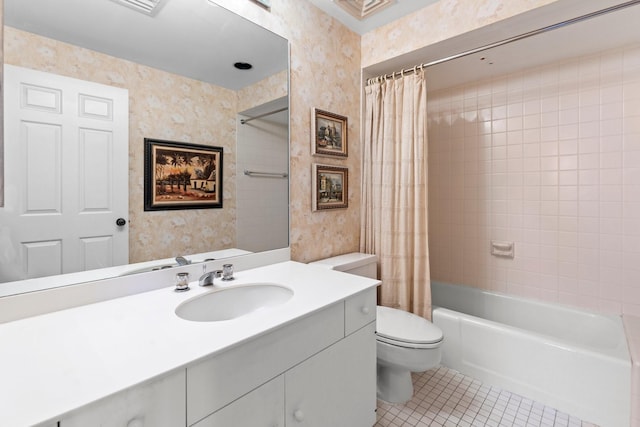 full bathroom featuring wallpapered walls, visible vents, toilet, tile patterned flooring, and vanity