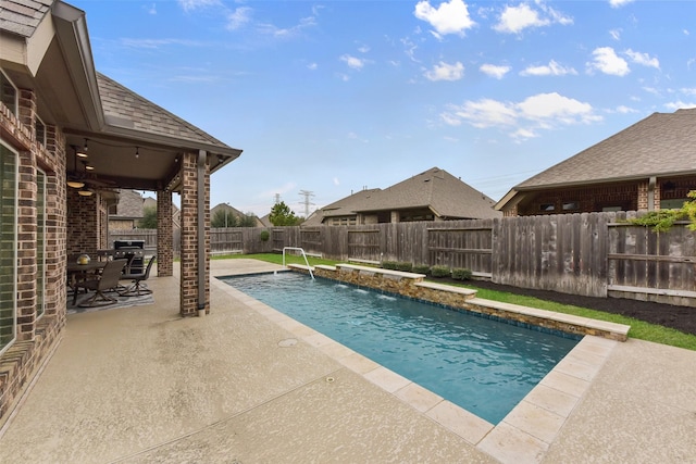 view of pool featuring a fenced in pool, a patio area, and a fenced backyard