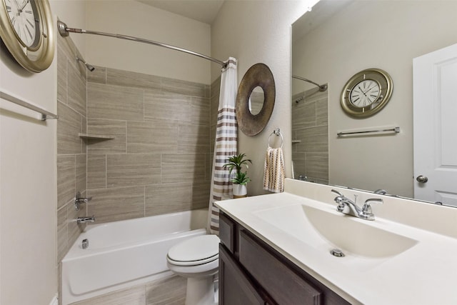 full bath with vanity, toilet, and shower / tub combo with curtain