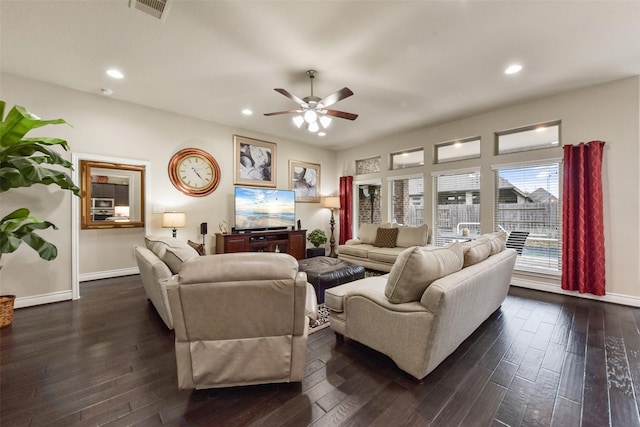 living area with visible vents, baseboards, dark wood finished floors, a ceiling fan, and recessed lighting