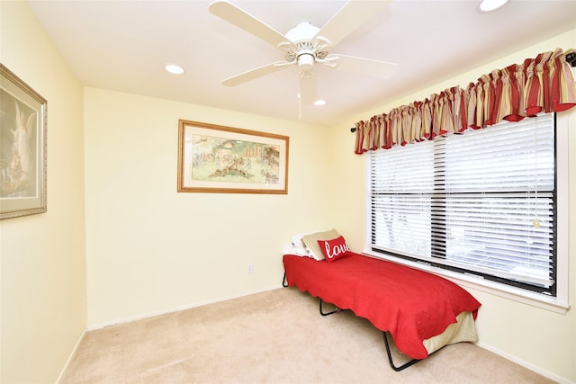 carpeted bedroom with baseboards, a ceiling fan, and recessed lighting