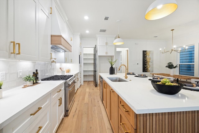 kitchen with premium range hood, a sink, visible vents, appliances with stainless steel finishes, and backsplash