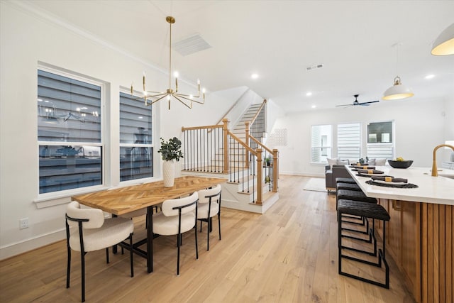 dining space with baseboards, visible vents, stairway, light wood-type flooring, and recessed lighting