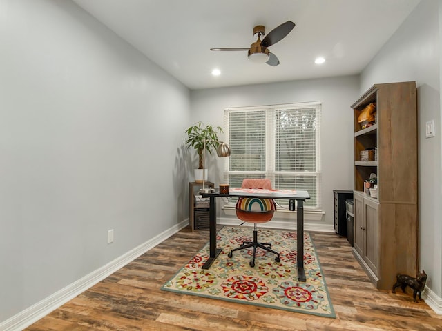 office with recessed lighting, wood finished floors, a ceiling fan, and baseboards