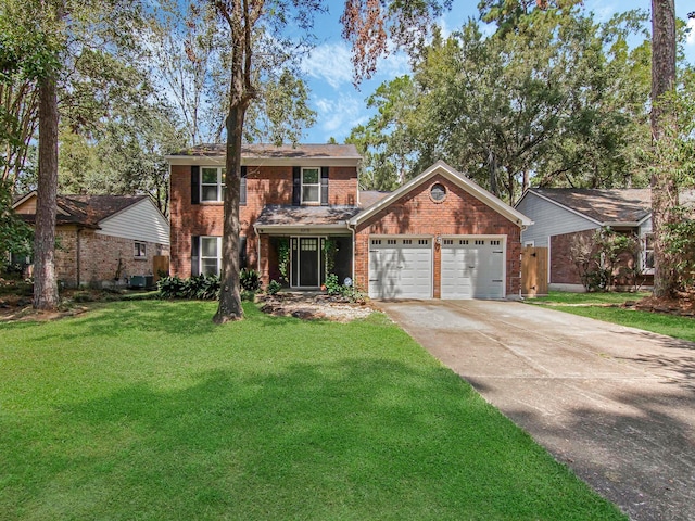 view of front facade featuring a garage, brick siding, driveway, and a front lawn