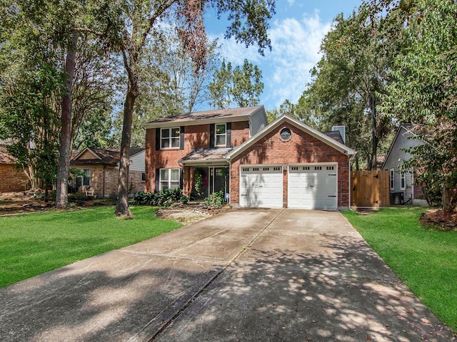 view of front of house featuring driveway, brick siding, a front lawn, and an attached garage