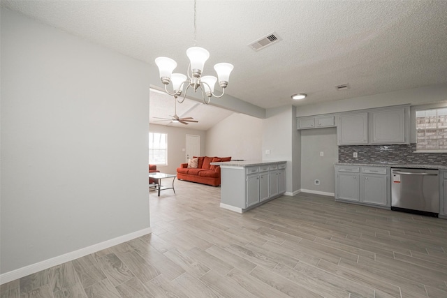 kitchen featuring gray cabinets, visible vents, backsplash, open floor plan, and dishwasher