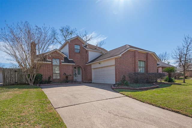 traditional-style house with brick siding, a front lawn, roof with shingles, a garage, and driveway