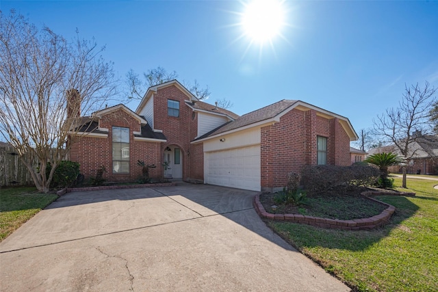 traditional-style home featuring brick siding, a front lawn, roof with shingles, driveway, and an attached garage