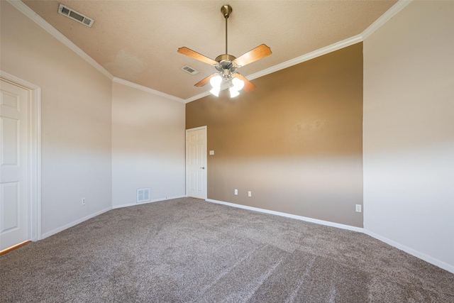 unfurnished room featuring carpet, visible vents, baseboards, and ornamental molding