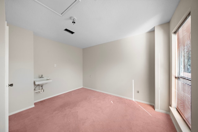 empty room featuring light carpet, a textured ceiling, baseboards, and a sink