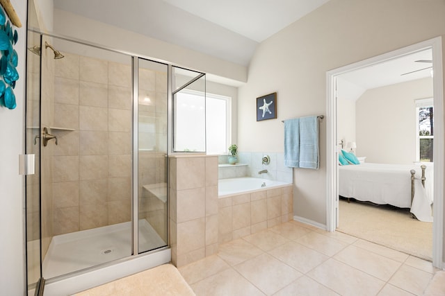 ensuite bathroom with a stall shower, tile patterned floors, a garden tub, and ensuite bathroom