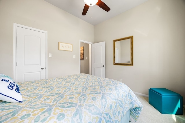 bedroom with carpet flooring, ceiling fan, and baseboards