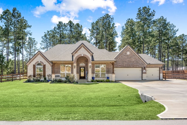 view of front of property with a garage, a shingled roof, fence, a front lawn, and brick siding