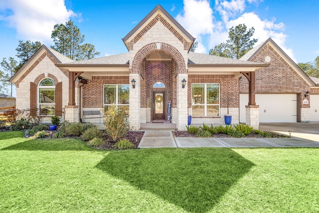 view of front facade with brick siding, a shingled roof, an attached garage, stone siding, and a front lawn