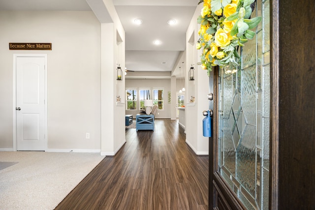 entrance foyer with baseboards, dark wood finished floors, and recessed lighting