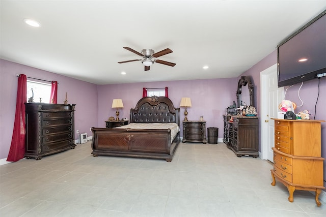 bedroom featuring recessed lighting, baseboards, and ceiling fan