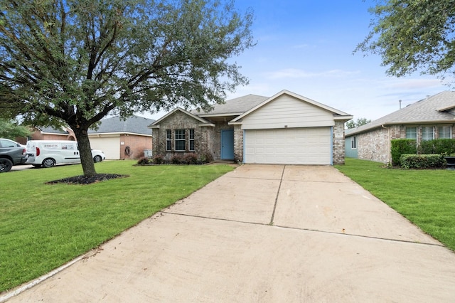 ranch-style home featuring a garage, a front lawn, concrete driveway, and brick siding