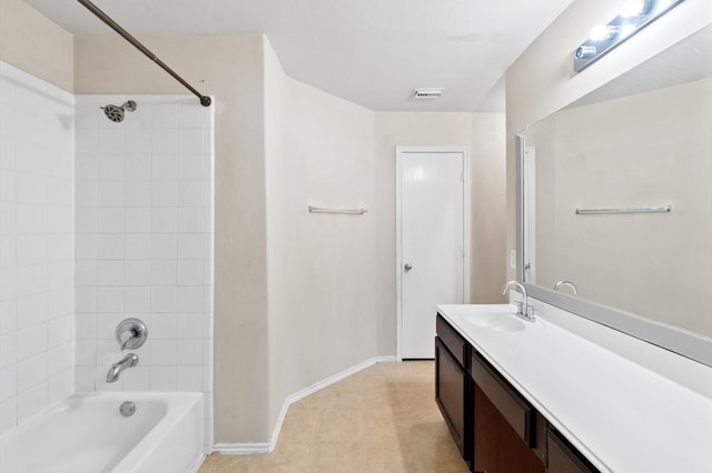 full bath with vanity, shower / tub combination, visible vents, and baseboards