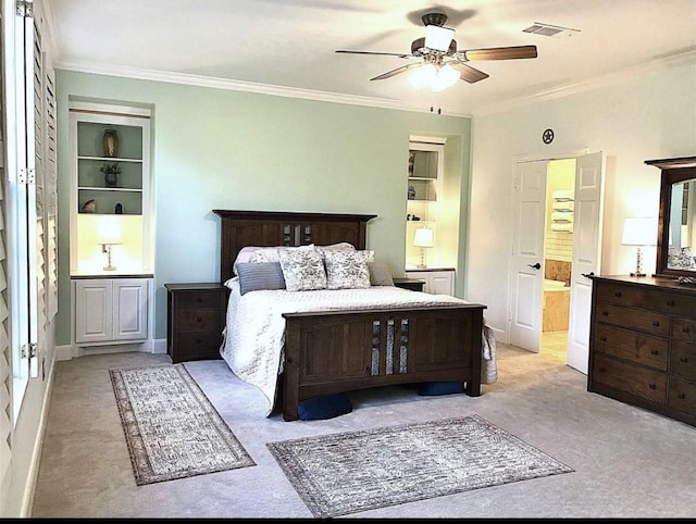 bedroom with light carpet, visible vents, and ornamental molding