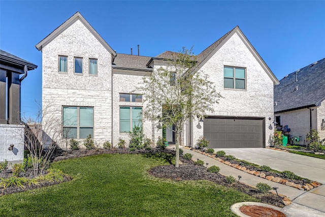 french country inspired facade featuring a front yard, brick siding, driveway, and an attached garage