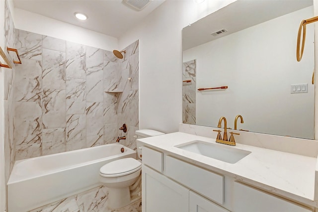 bathroom featuring shower / bath combination, marble finish floor, visible vents, and toilet