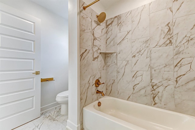 bathroom with marble finish floor, shower / bath combination, toilet, and baseboards