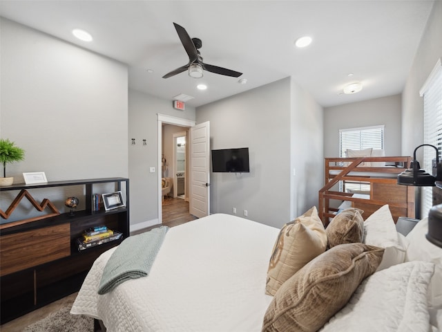 bedroom with recessed lighting, ceiling fan, and baseboards