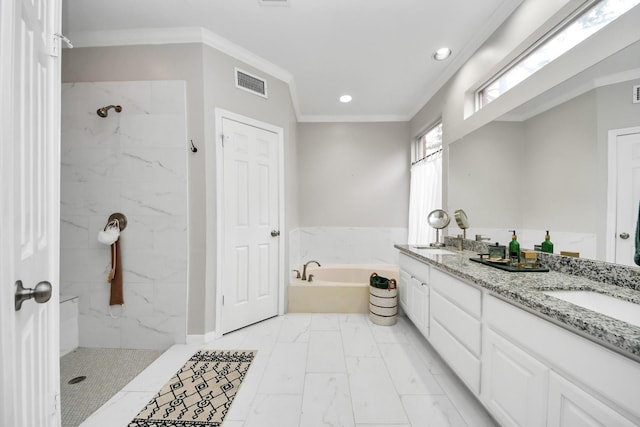 full bathroom featuring marble finish floor, a garden tub, a marble finish shower, visible vents, and ornamental molding