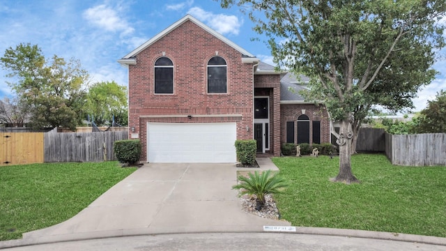 traditional home with a garage, concrete driveway, fence, a front lawn, and brick siding