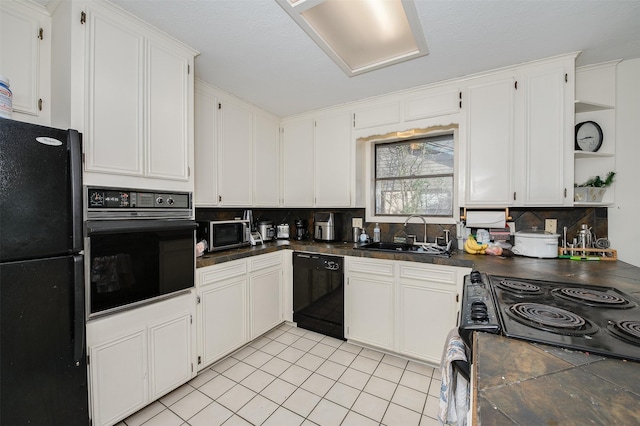 3003 Pierre Pl, College Station, TX 77845 - kitchen featuring black appliances, dark countertops, backsplash, white cabinetry, and open shelves
