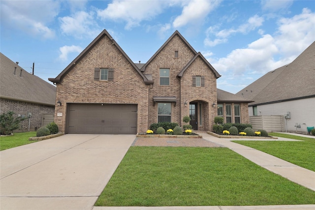 view of front of house with brick siding, driveway, and a front lawn