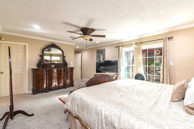 carpeted bedroom with multiple windows, crown molding, and a textured ceiling