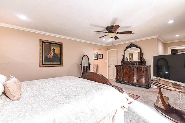 bedroom featuring ceiling fan, recessed lighting, visible vents, ornamental molding, and carpet