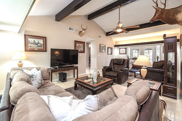 living area with light tile patterned floors, visible vents, baseboards, a ceiling fan, and beam ceiling