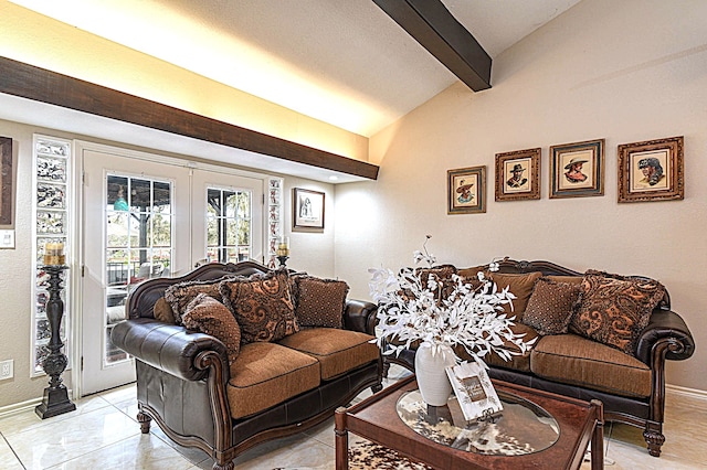 living room featuring french doors, lofted ceiling with beams, and baseboards