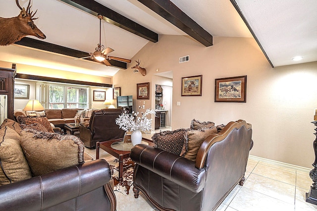 living area featuring lofted ceiling with beams, ceiling fan, light tile patterned flooring, visible vents, and baseboards