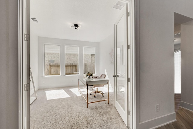 interior space featuring visible vents, baseboards, and carpet floors