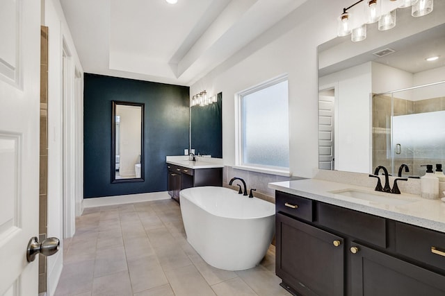 full bathroom featuring visible vents, a tray ceiling, two vanities, a stall shower, and a sink