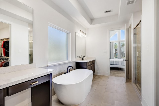 bathroom featuring visible vents, ensuite bathroom, a tray ceiling, a shower stall, and vanity